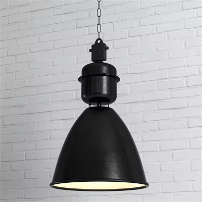 Modern Minimalist Black Metal Pendant Light Hanging Against White Brick Wall 3d model