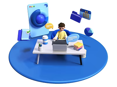 Game and Movie Character Working at Desk With Laptop Coffee Cup Documents and Chat Bubbles 3d model