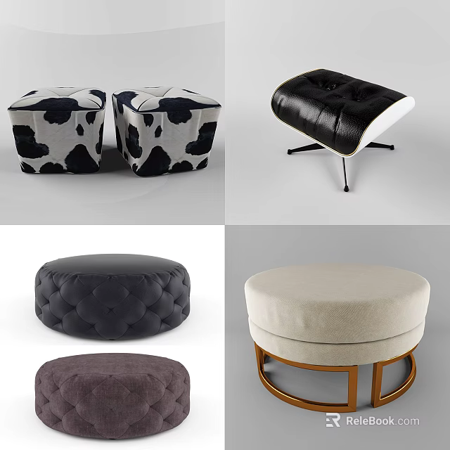 Various Stylish Stools With Cow Print Leather Tufted And Round Metal Leg Designs 3d model 
