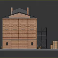 Cartoon Scene of Red Brick Building With Scaffolding Sloped Roof Arched Windows and Brick Piles