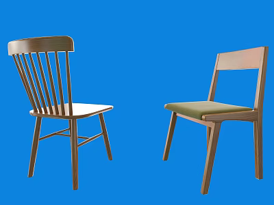 Wooden Single Chairs With Slat Back And Upholstered Seat On Blue Background 3d model