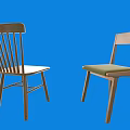 Wooden Single Chairs With Slat Back And Upholstered Seat On Blue Background