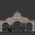 Scenic Archway Entrance With Red Brick Stone Structure Decorative Top Road Trees And Bus