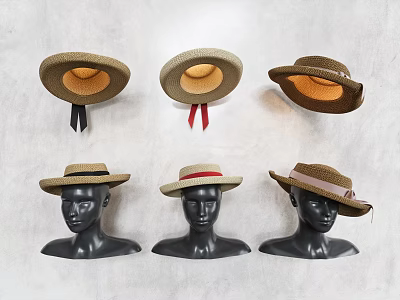 Stylish Wide Brim Hats Displayed On Black Mannequin Heads With Ribbons 3d model