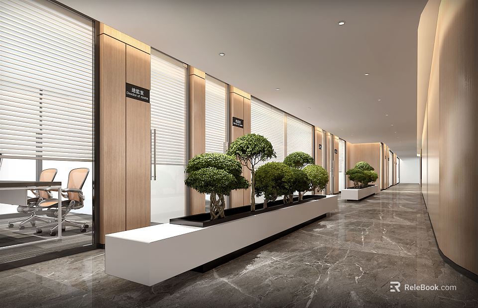 Modern Elevator Hallway Design With Wooden Panels Marble Floor And Lined Green Plants 3d model 