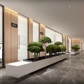 Modern Elevator Hallway Design With Wooden Panels Marble Floor And Lined Green Plants