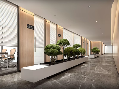 Modern Elevator Hallway Design With Wooden Panels Marble Floor And Lined Green Plants 3d model