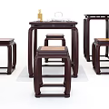 Traditional Tea Table And Chairs Set With Solid Wood Frame And Matching Stools 3d model