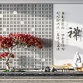 Zen Inspired Garden Ornament With Red Tree Grid Patterned Wall And White Statue 3d model