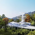 Scenic Park Landscape with White Modern Observation Deck Winding Walkway Green Trees and Colorful Foliage