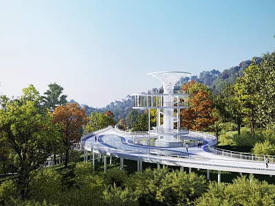 Scenic Park Landscape with White Modern Observation Deck Winding Walkway Green Trees and Colorful Foliage 3d model