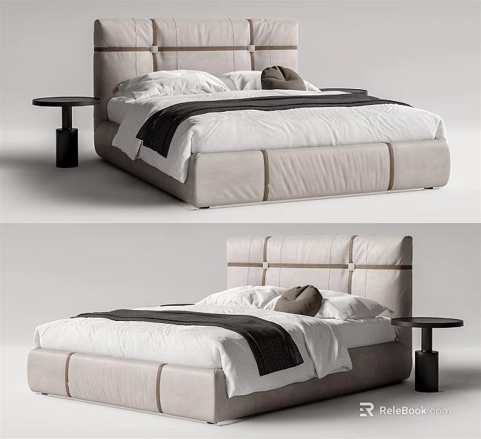 Light Gray Double Bed With Stitched Headboard White Linens And Black Throw Blanket 3d model