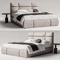 Light Gray Double Bed With Stitched Headboard White Linens And Black Throw Blanket 3d model