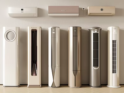 Air Conditioner Fan Modern Design Collection Featuring Wall Mounted And Standing Styles In Neutral Tones 3d model