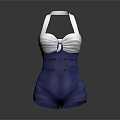 Stylish Blue And White Halter Neck Swimsuit With Ruffled Top And Button Details