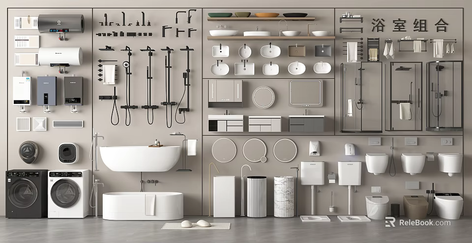 Modern Bathroom Set Design With Bathtub Sink Toilet Shower System And Storage Cabinets 3d model 