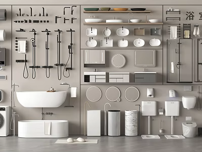 Modern Bathroom Set Design With Bathtub Sink Toilet Shower System And Storage Cabinets 3d model