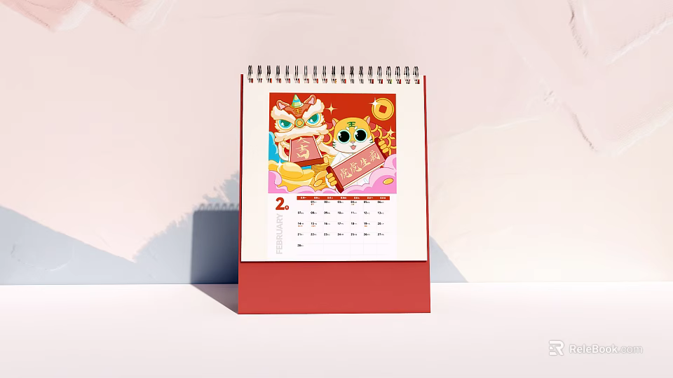 Chinese New Year Themed Desk Calendar With Lion Dance Cat Fortune And Red Base 3d model 