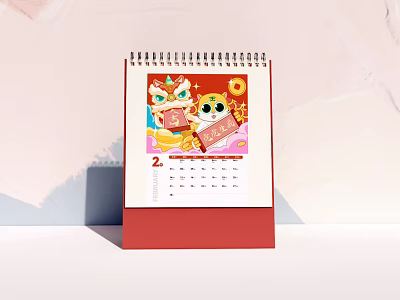 Chinese New Year Themed Desk Calendar With Lion Dance Cat Fortune And Red Base 3d model
