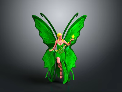 Fantasy Game Movie Character With Green Wings Blonde Hair Flowing Green Outfit And Yellow Flower 3d model
