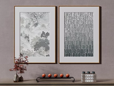 Traditional Chinese Landscape Painting With Gold Frame On Gray Wall And Tabletop Red Fruits Decor 3d model
