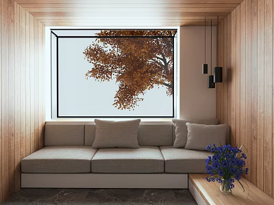 Bay Window Space With Wooden Walls Gray Sofa Pillows Yellow Leaf Tree And Purple Flowers 3d model
