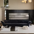 Modern Living Room Interior With Dark Blue L shaped Sofa Marble Coffee Table And Bookshelves