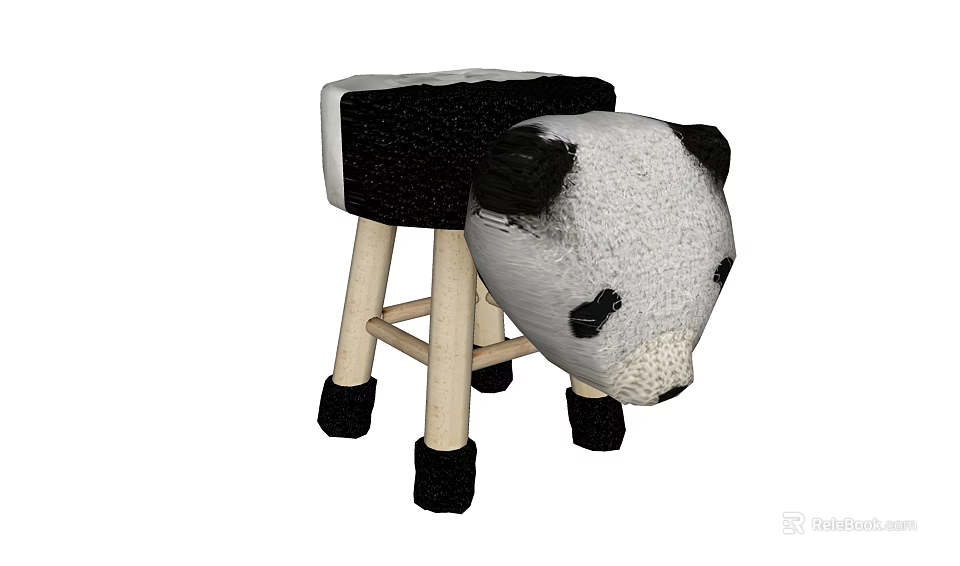 Cute Panda Head Shaped Stool with Upholstered Seat Wooden Legs and Black Foot Pads 3d model 