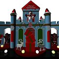 Festive Christmas Castle Decoration With Santa Hats Red Blue Design And Chair