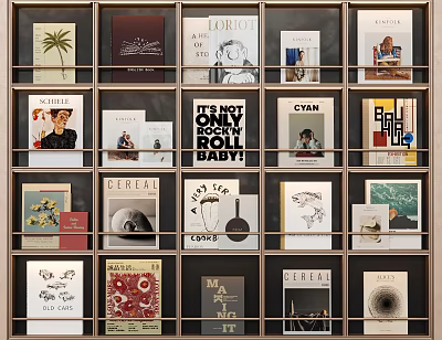 Diverse Books and Magazines Displayed on Wall Shelves with Artistic Cover Designs 3d model