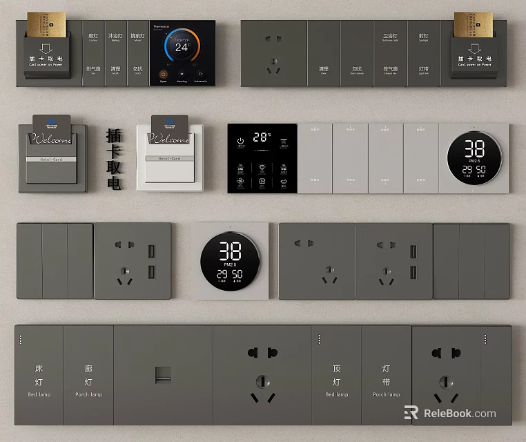 Modern Switch Panels With Temperature Display Multiple Sockets And Diverse Designs 3d model 