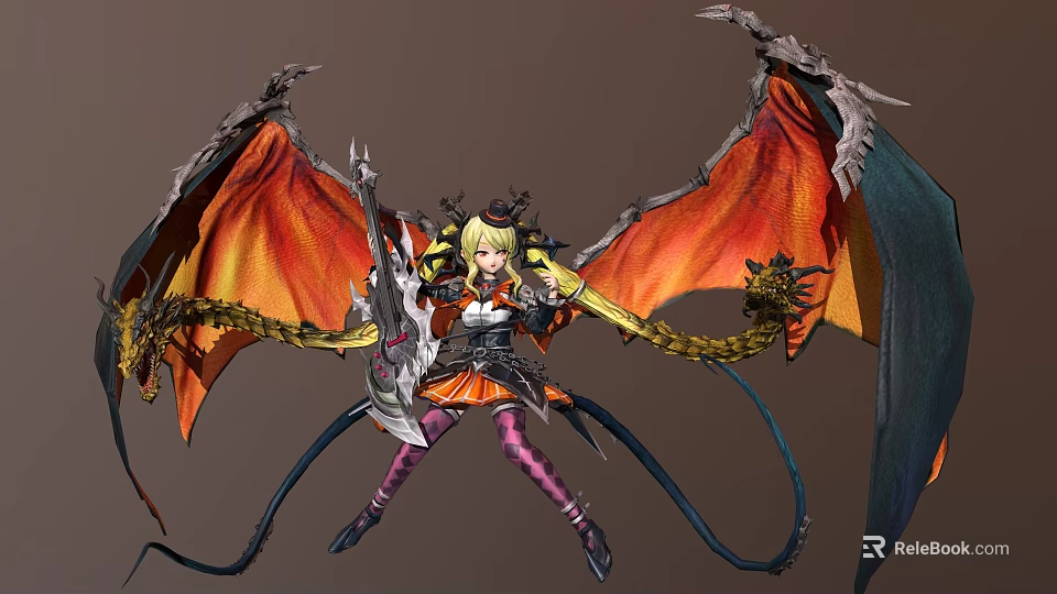 Blonde Haired Female Warrior In Ornate Armor With Giant Dragon Red Black Wings And Sword 3d model 