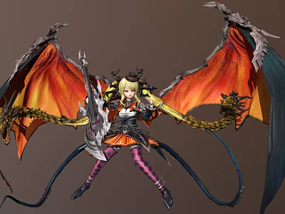 Blonde Haired Female Warrior In Ornate Armor With Giant Dragon Red Black Wings And Sword 3d model