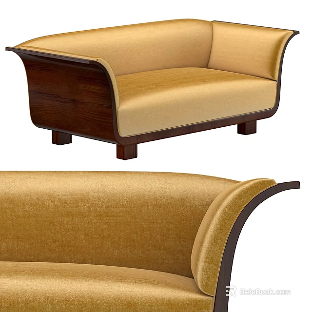 Elegant Beige Velvet Two Seater Sofa With Wooden Frame And Curved Armrests 3d model 