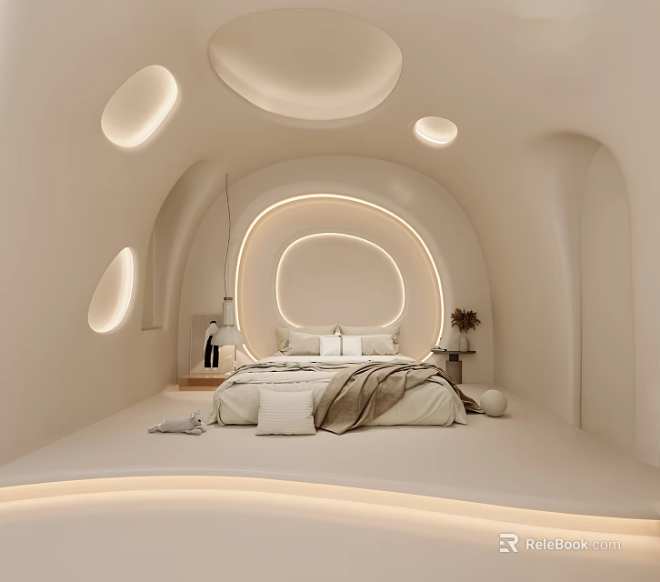 Modern Hotel Room Interior With Curved Design Circular Windows Soft Lighting And White Bed 3d model 