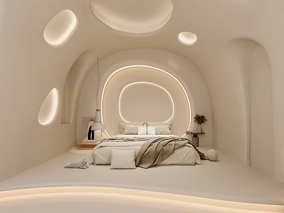 Modern Hotel Room Interior With Curved Design Circular Windows Soft Lighting And White Bed 3d model