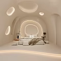 Modern Hotel Room Interior With Curved Design Circular Windows Soft Lighting And White Bed