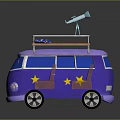 Purple Van With Yellow Stars On Body And Roof Bed Telescope On Top