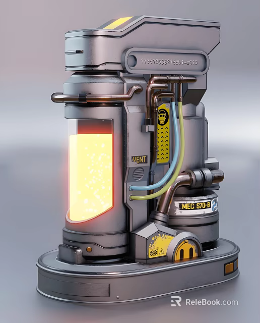 Industrial Equipment With Metallic Structure Glowing Reactor Chamber Pipes Control Panels And Model Labels 3d model 