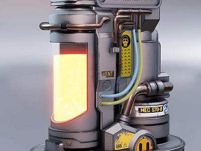 Industrial Equipment With Metallic Structure Glowing Reactor Chamber Pipes Control Panels And Model Labels 3d model