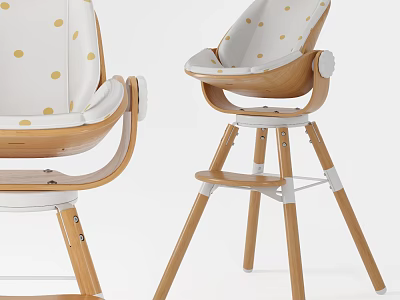 Wooden Children's High Chair With White Seat And Yellow Polka Dots 3d model