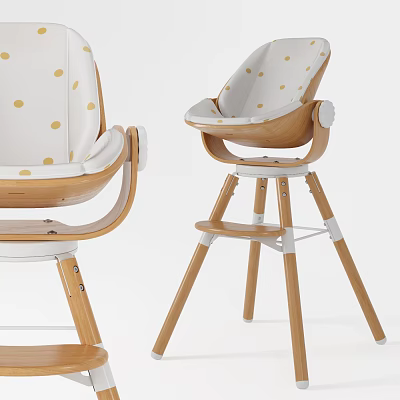 Wooden Children's High Chair With White Seat And Yellow Polka Dots 3d model
