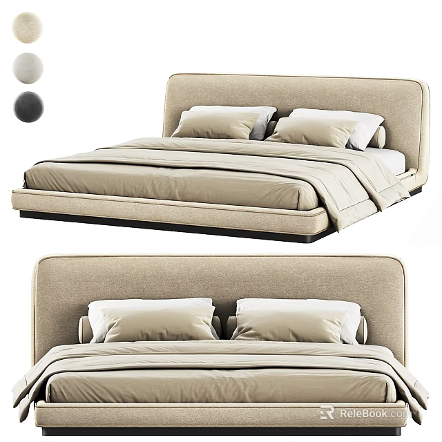 Beige Upholstered Double Bed With Modern Soft Headboard And Plush Pillows 3d model 