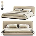 Beige Upholstered Double Bed With Modern Soft Headboard And Plush Pillows