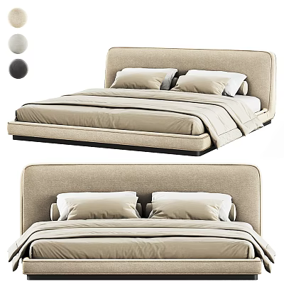 Beige Upholstered Double Bed With Modern Soft Headboard And Plush Pillows 3d model