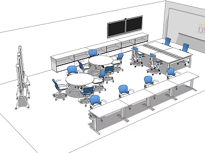 Office Desk Setup With Multiple Blue Chairs TV Screens And Whiteboard 3d model
