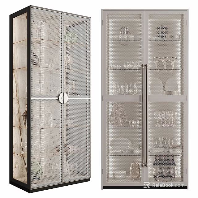 Modern Cabinet With Clear Glass Doors And Multiple Shelves Holding Dinnerware 3d model 
