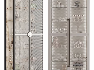 Modern Cabinet With Clear Glass Doors And Multiple Shelves Holding Dinnerware 3d model