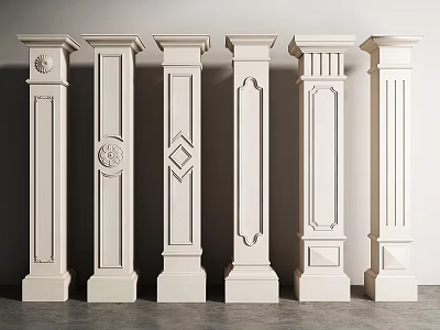 Set of Six White Roman Columns with Diverse Decorative Patterns and Classic Architectural Details 3d model