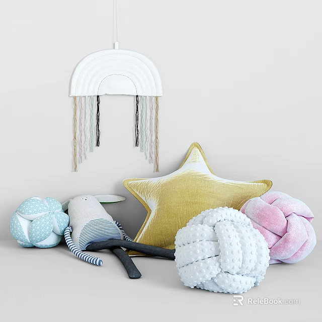 Kids Bed With Rainbow Tassel Wall Hanging Star Cushion Knitted Balls And Plush Toys 3d model 